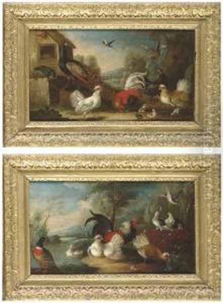A Peacock, Chickens, A Jay And
Other Birds By A Barn; And Chicken,ducks And Pigeons By A Wall In A
River Landscape - view 1