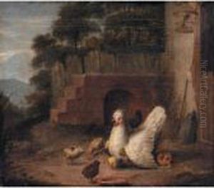 A Silver Houdon Hen With Chicks; And A Turkey With A Peacock by Marmaduke Cradock