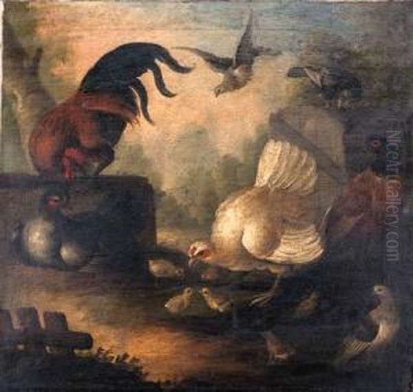 Chickens, A Pheasant And Doves In A Wooded Landscape - view 1
