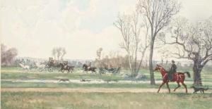 Une Femme A Cheval Avec Son
Chien Au Premier Plan, Des Personnagesse Promenent En Caleche Au Fond,
Dans Un Paysage by Victor Geruzez, Dit Crafty