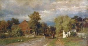 A Horse Drawn Cart With Figures At The Village Toll Gate