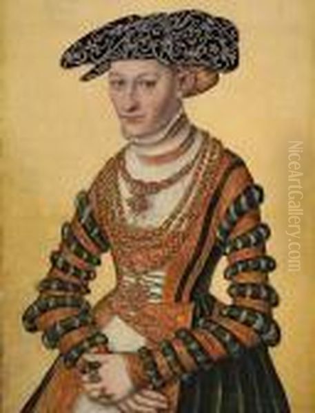 Portrait Of A Lady,
Three-quarter-length, In A Green Velvet And Orange Dress And A
Pearl-embroidered Black Hat - view 1