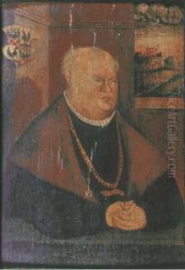 Portrait Of Carl Henneberg,
Small Half-length, In A Black Costume With A White Collar And A
Fur-lined Black Coat, A Landscape View Through The Window In The
Background by Lucas The Younger Cranach