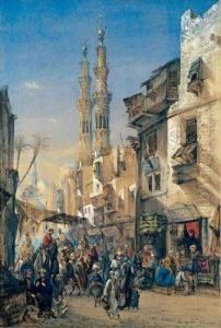 La Mosquee De Mounayed Sultan Et Rue Animee Au Caire by Louis Amable Crapelet