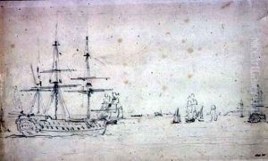 A Ship at anchor and other shipping in the Thames by John Constable