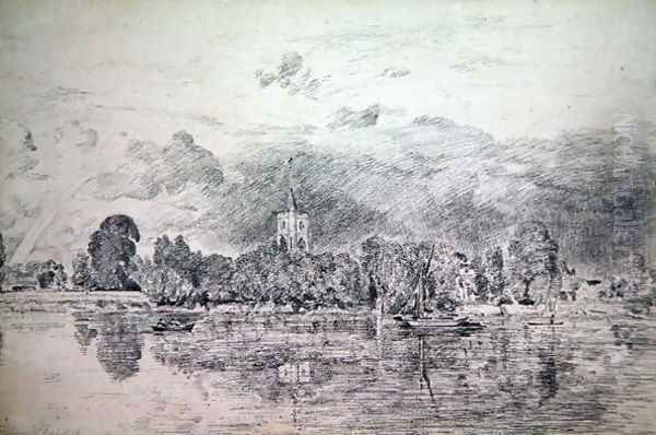 Fulham church from across the River, 1818 - view 1