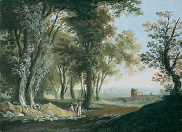 Italienische Landschaft Mit
Einer Brucke Und Zwei Wanderern Als Staffage. Gouache Auf Papier, Auf
Leinwand Aufgezogen (unter Glas Gerahmt). H 39,2; B 53,5 Cm. - view 1
