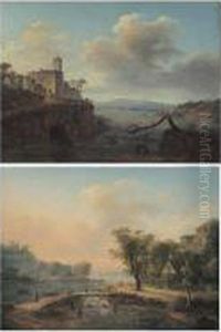 River Landscape With Fishermen In The Foreground And A Fortified House Beside A Weir by Louis-Philippe Crepin