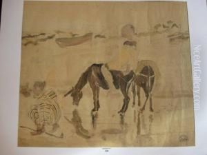Bord De Mer, Deux Anes Et Deux Personnages by Suzanne Crepin
