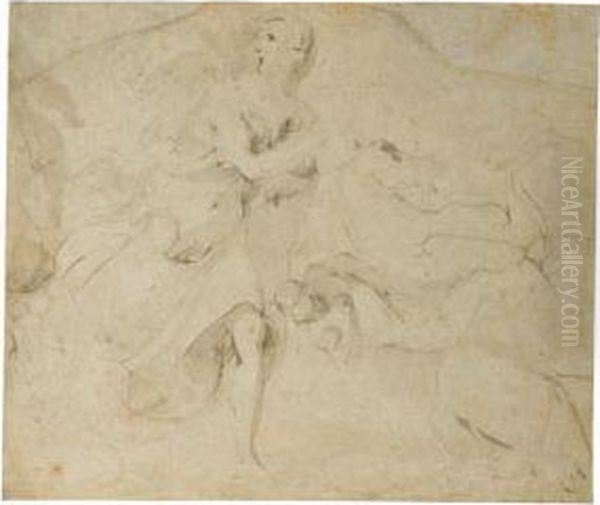 Schizzi Di Figure: Donna Che Fugge Verso Destra E Figura A Cavallo - view 1