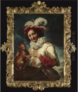 A Young Musician Wearing A Feathered Cap And Holding A Cat by Giuseppe Maria Crespi