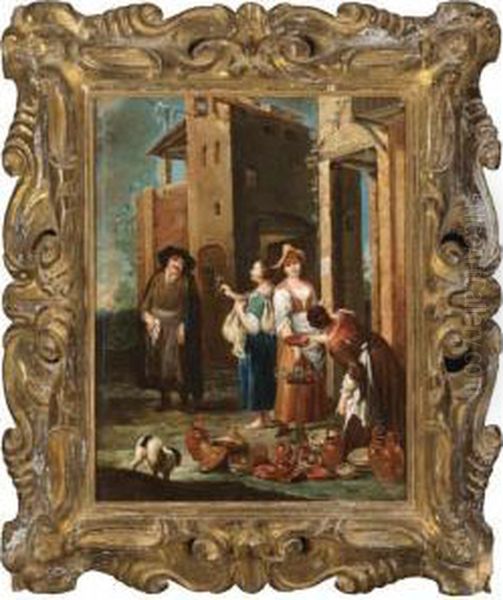 A Street Scene With Women Selling Pots And Flowers - view 1