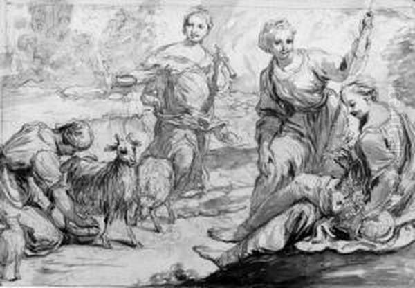Muses And A Shepherdess Milking A Goat - view 1
