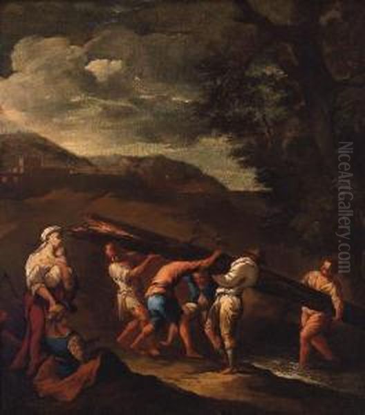 Peasants Carrying A Fallen Tree Across A Stream In Alandscape - view 1