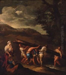 Peasants Carrying A Fallen Tree Across A Stream In Alandscape by Giuseppe Maria Crespi