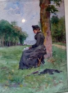 Elegante Au Parc De Saint Cloud by Adolphe Crespin