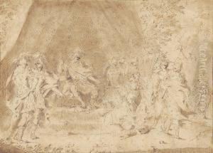 Herrscher Auf Einem Thron, Von
Zahlreichen Personen Umgeben - Szene Aus "gerusalemme Liberata" -
Ruckseitig Mit Den Versen by Donato Creti