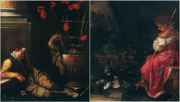 A Still Life Of Flowers In An Urn With A Young Boy Sleeping - view 1