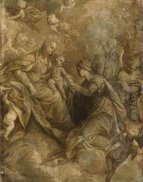 The Mystic Marriage Of Saint
Catherine Of Alexandria, With Angelsand Cherubim, En Grisaille - view 1