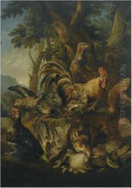 A Fox Attacking A Turkey And Chickens, In A Wooded Landscape - view 1