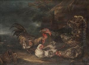 A Turkey, Cockerel And Two Hens In A Yard by Angelo Maria Crivelli, Il Crivellone