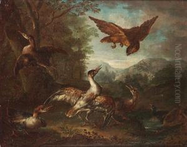 A Spaniel Flushing Duck; And A Hawk With Other Birds In A Landscape - view 1