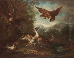 A Spaniel Flushing Duck; And A Hawk With Other Birds In A Landscape by Angelo Maria Crivelli, Il Crivellone