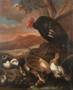 A Turkey And Other Fowl With 
Guinea Pigs In A Farmyard With A Mountainous Landscape Beyond