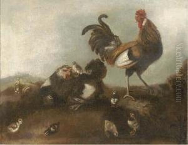 A Chicken, Cockerel And Chicks In A Landscape, The Prodigal Sonworking With The Swine Beyond by Angelo Maria Crivelli, Il Crivellone