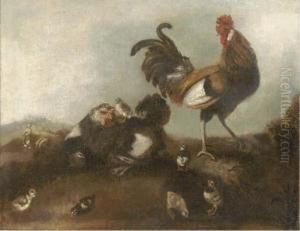 A Chicken, Cockerel And Chicks 
In A Landscape, The Prodigal Sonworking With The Swine Beyond