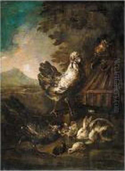 A Cockerel, A Hen, Chicks And An Owl In A Landscape - view 1