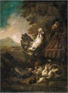 A Cockerel, A Hen, Chicks And An Owl In A Landscape