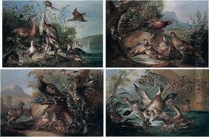 Pheasant, Red-legged Partridge And A Green Woodpecker In A Landscape by Angelo Maria Crivelli, Il Crivellone