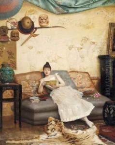 Jeune Femme Lisant Dans Un Interieur Japonisant