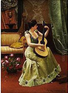 Dame Im Salon Beim Gitarrenspiel by Georges Croegaert