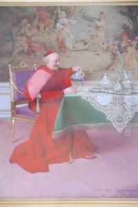 French The Cardinal Enjoying Arepast Oil On Board Signed Georges Croegaert Paris by Georges Croegaert