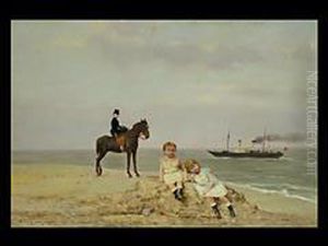 Reiterin Am Strand Vor Dampfer by Georges Croegaert