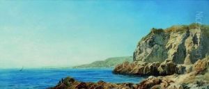 A Rocky Cove With Figures Sitting On The Rocks Watching Sailing Boats Near Monte Carlo