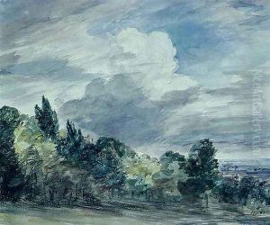 View over a wide landscape, with trees in the foreground, September 1832 by John Constable