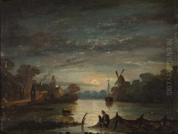 Fisherman Setting Nets By Moonlight - view 1