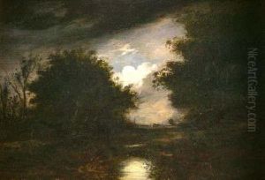 A Moonlight Riverlandscape With Distant Mill A Moonlight Riverlandscape With Distant Mill