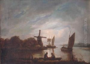 Amoonlit River Scene With Figures In A Boat, A Windmill Beyond by John Berney Crome