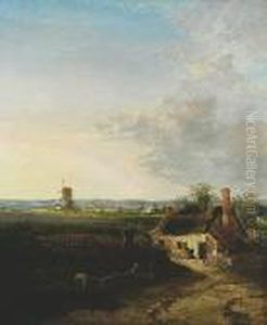 Extensive Landscape With Cottages And Windmill by John Berney Crome