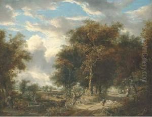 A Wooded Landscape With A Shepherd And Sheep On A Path by John Berney Crome