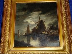 Boats By The Windmill On A Moonlit River