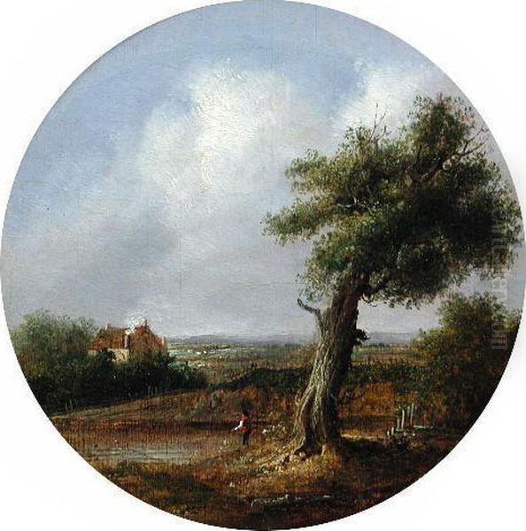 Pastoral Scene With A Fisherman On A River Bank Oil On Board - view 1