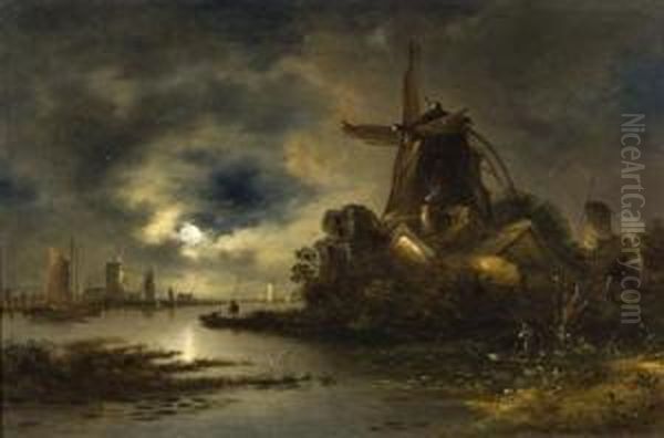 Estuary Scene With Windmill By Moonlight - view 1
