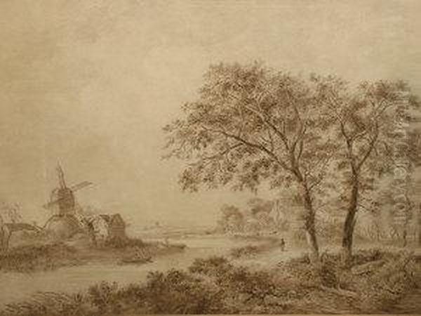 River Landscape With Cottages And A Mill, Possibly Eastanglia - view 1