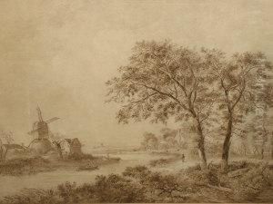 River Landscape With Cottages And A Mill, Possibly Eastanglia