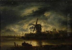 Riverscape At Night With Windmills And Boats.